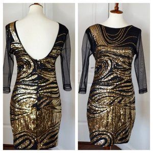 BEBE Womens Dress M Cocktail Black Gold Sequin Sheer Sexy Bodycon